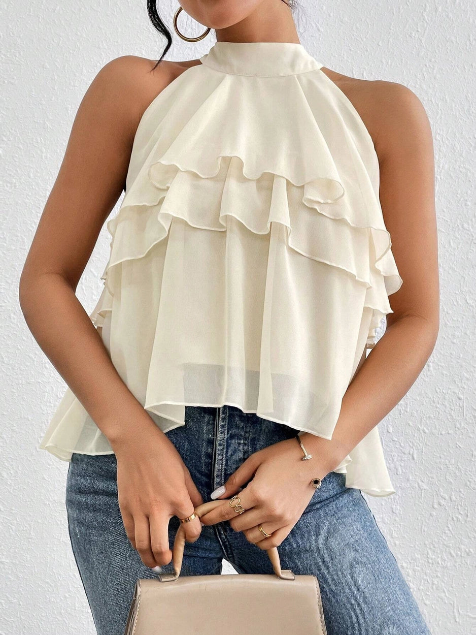 Creme Halter Ruffled Blouse