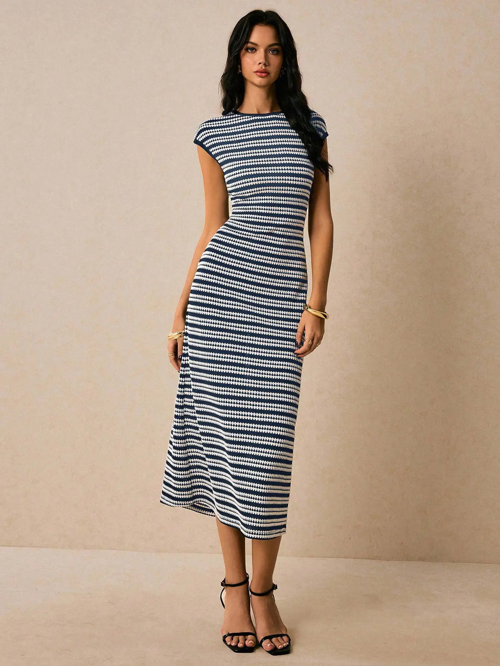 Elara Sleeved Striped Midi Dress