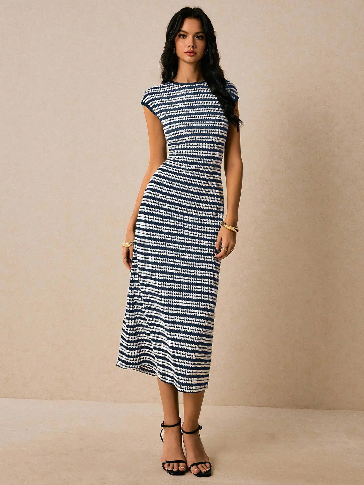 Elara Sleeved Striped Midi Dress